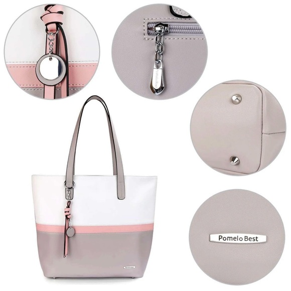 Brand New Pomelo's Best Faux Leather Tote - P9ink/White/Gray with Zippered Top - Picture 4 of 8